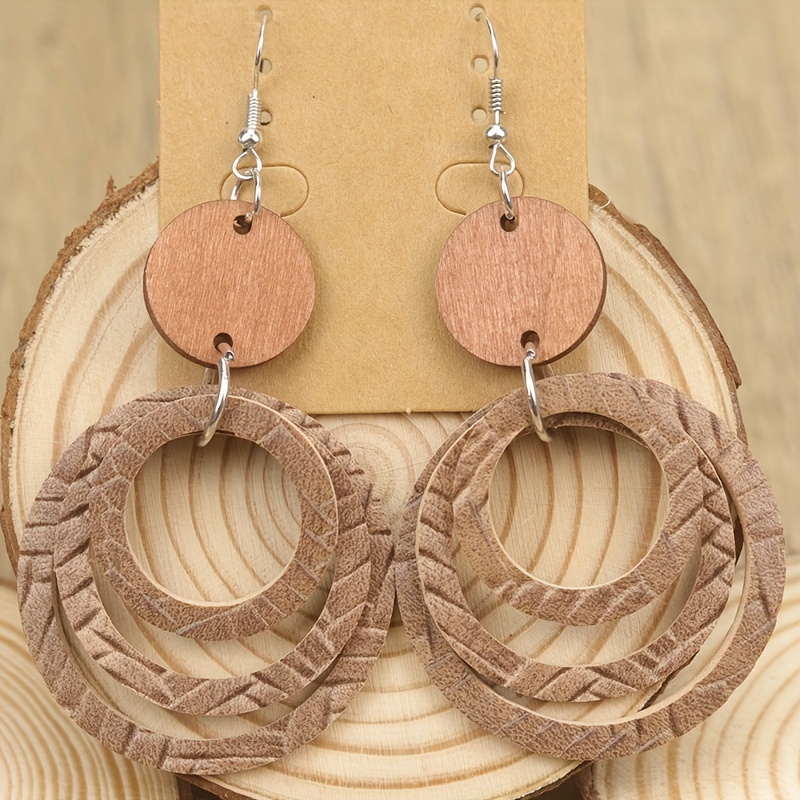 Bohemian Style PU Leather Stacked Wooden Earrings